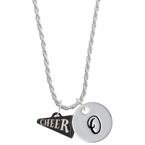 Delight Jewelry Acrylic 3/4" Black Cheer Megaphone Silvertone Script Initial Disc - O - Charm Necklace, 20"+3"