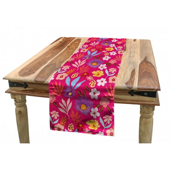 Floral Table Runner, Tropical Illustration of Vibrant Flowers Palm Leaves and Other Plantation, Dining Room Kitchen Rectangular Runner, 3 Sizes, by Ambesonne