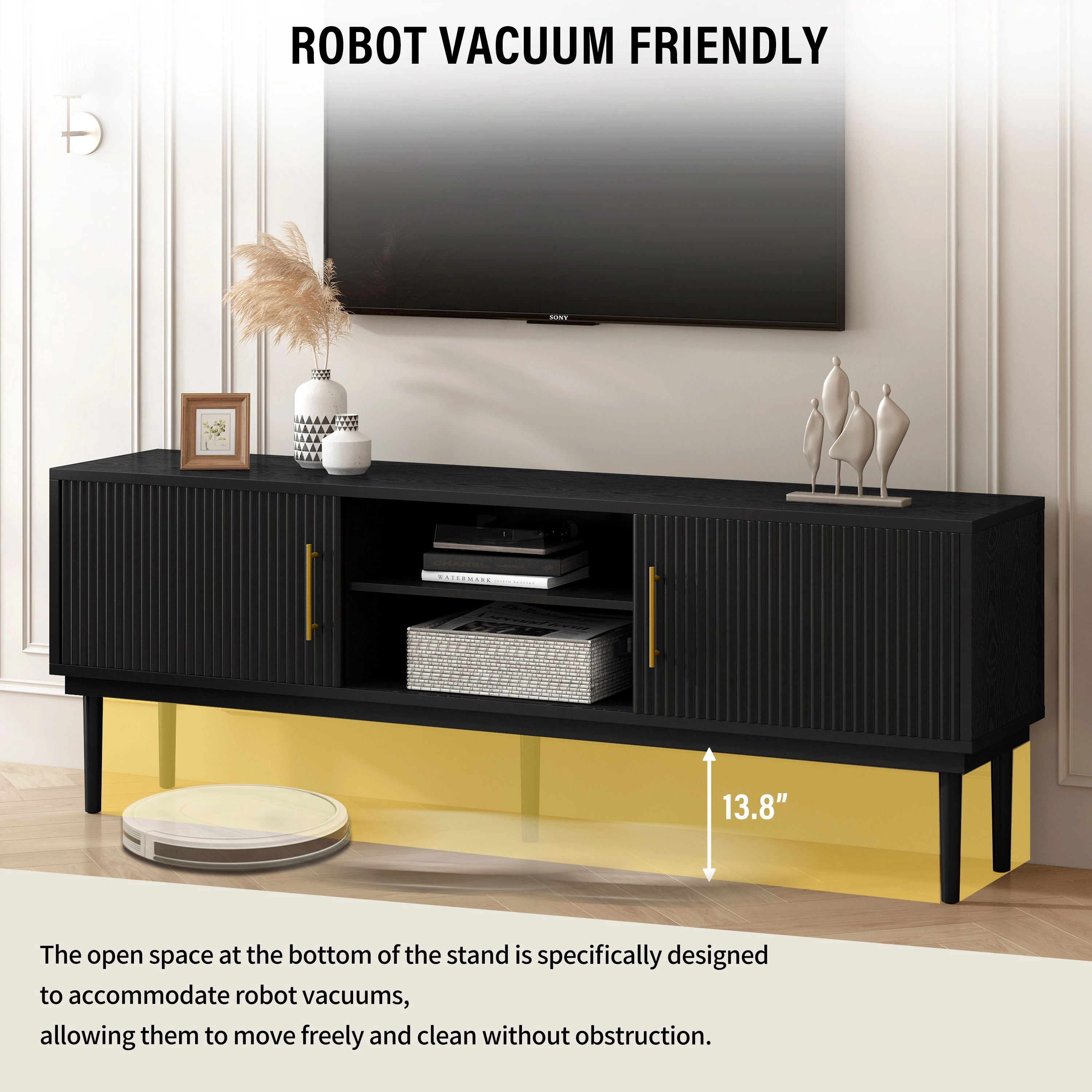 Euroco 74.9" TV Stand with Sliding Doors and 2 Storage Cabinets,Modern Entertainment Center & Media Console for TVs up to 80",Versatile for Any Decor Style,Black