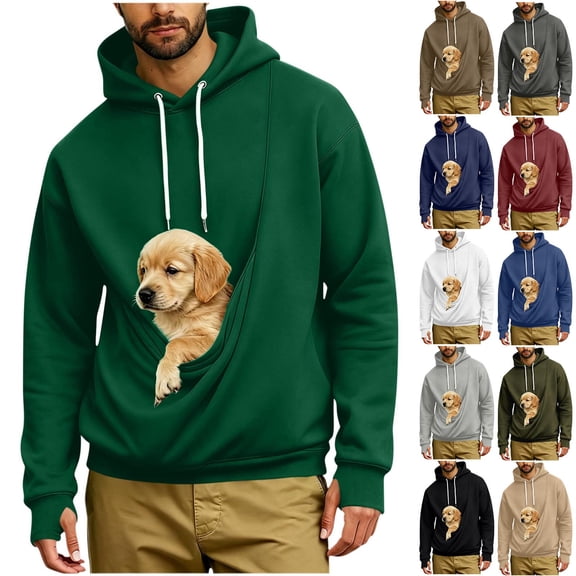 Eiyaclvo Mens Pet Pouch Hoodie for Men with Pocket Long Sleeve Hooded Sweatshirts Pullover Carrier Kangaroo Dog Pouch Hoodies