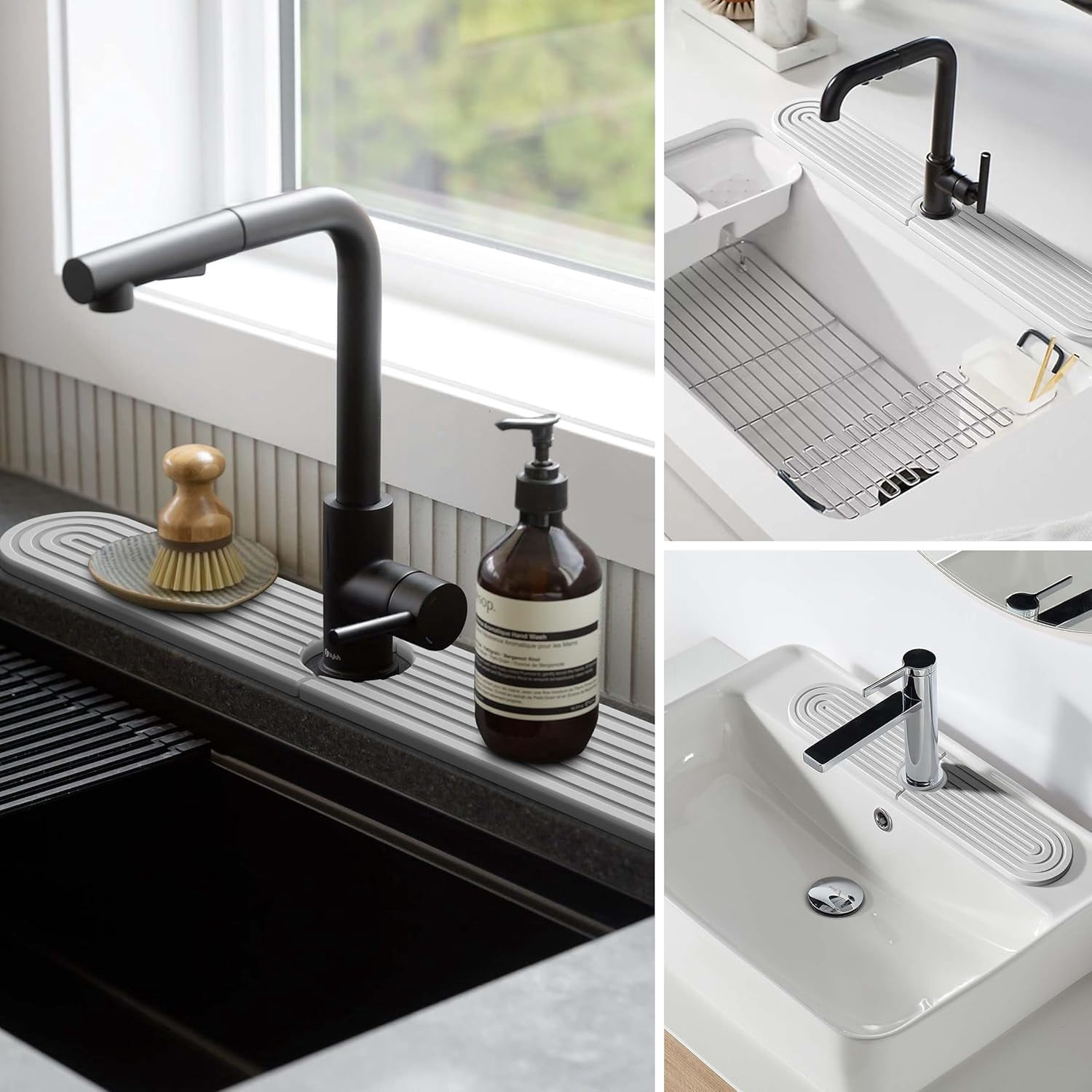 Stone Faucet Mat for Kitchen Sink – Diatomite Fast-Drying Stone Tray, Faucet Mat Sink Splash Guard, Decorative Sink Protector for Kitchen Bathroom Counter [White, 17.7''x3.9'']