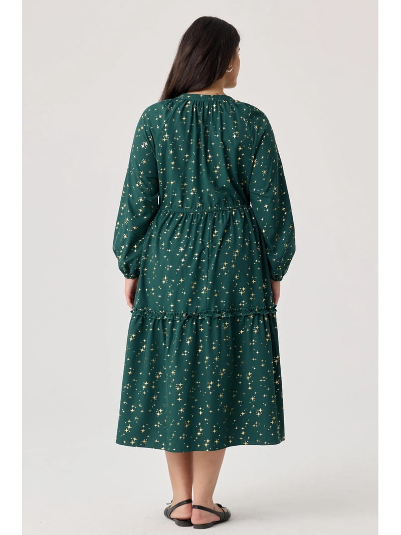 TIYOMI Women's Fall Maxi Dress Plus Size 5x Green Long Sleeve Sequin V Neck Golden Star Dress Flowy Cocktail Party Dresses for Curvy Women Maxi Fall Spring Formal Dresses 5XL 28W