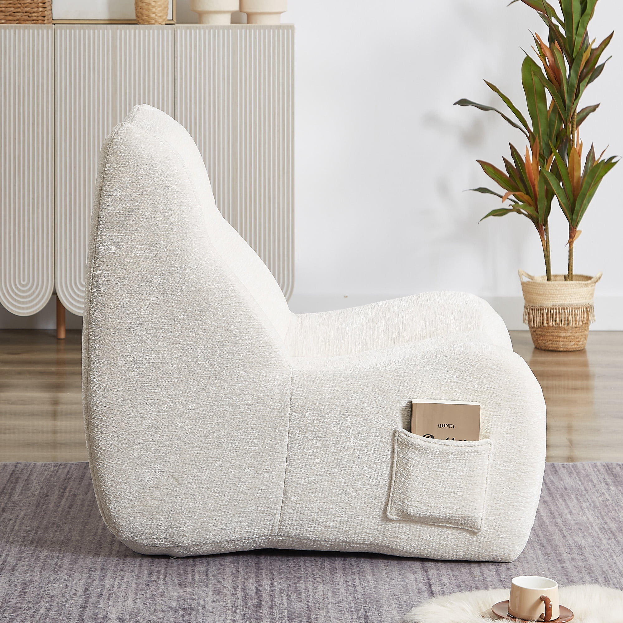 Kosynda Bean Bag Chair for Adults, Giant Memory Foam Bean Bag Couch with High-Resilience Foam and Armrests, Lounge Floor Sofa for Living Room, Bedroom, White