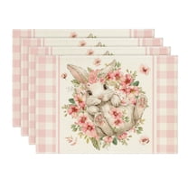 Sm:)e Pink Buffalo Plaid Bunny Rabbit Flower Easter Placemats Set of 4, 12x18 Inch Seasonal Spring Table Mats for Party Kitchen Dining Decoration