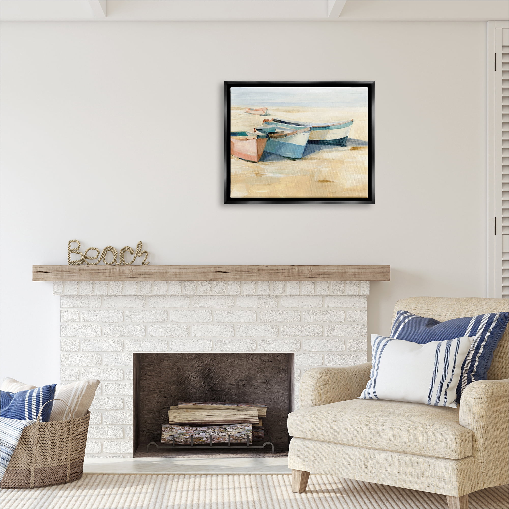 Stupell Industries Docked Boats Painting Transportation Painting Black Floater Framed Canvas Art Print Wall Art, 31 x 25
