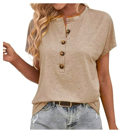 

RKZDSR Short Sleeve Womens Tops Funny Cute Graphic Scrub Tees Plain Tunic Sale Clearance Shirts Button Up Crew Neck Tshirts Workout T-Shirts Oversized Regular Fit Blouses Khaki M