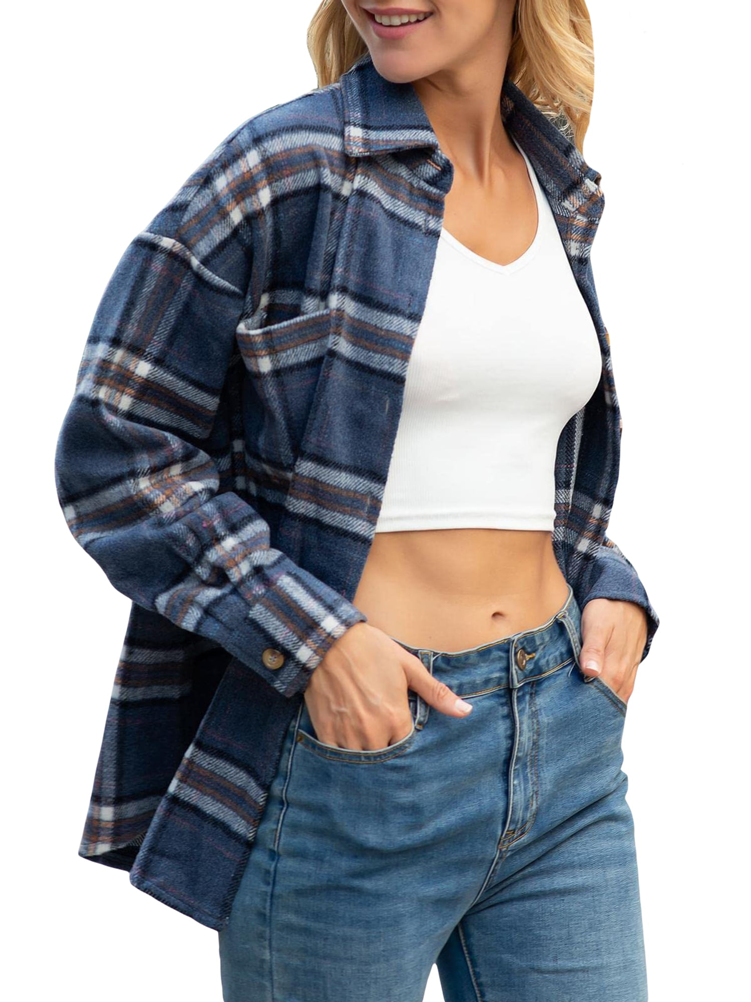TheFound Womens Cropped Shacket Flannel Jacket Plaid Long Sleeve Button  Down Lapel Fall Crop Flannel Shirt Jacket with Pockets Blue Plaid M