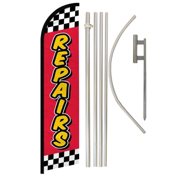 Repairs (Red Checkered) Windless Banner Flag & Pole Kit