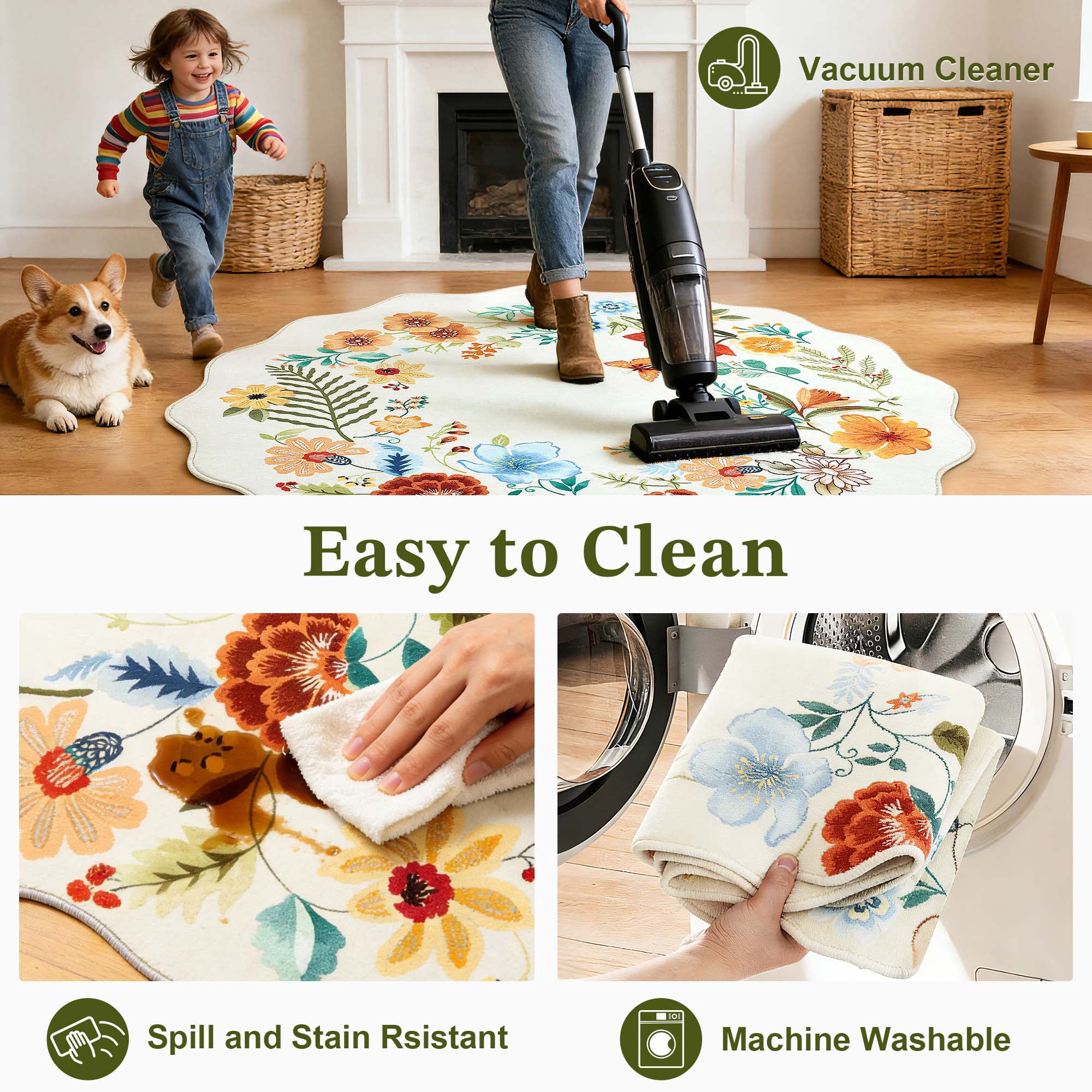 Carvapet 5'x7' Floral Living Room Rugs, Ultra-Thin Soft Area Rugs for Bedroom, Non-Slip Washable Boho Rug Low-Pile Throw mat for ‎Dining Room Office, Beige