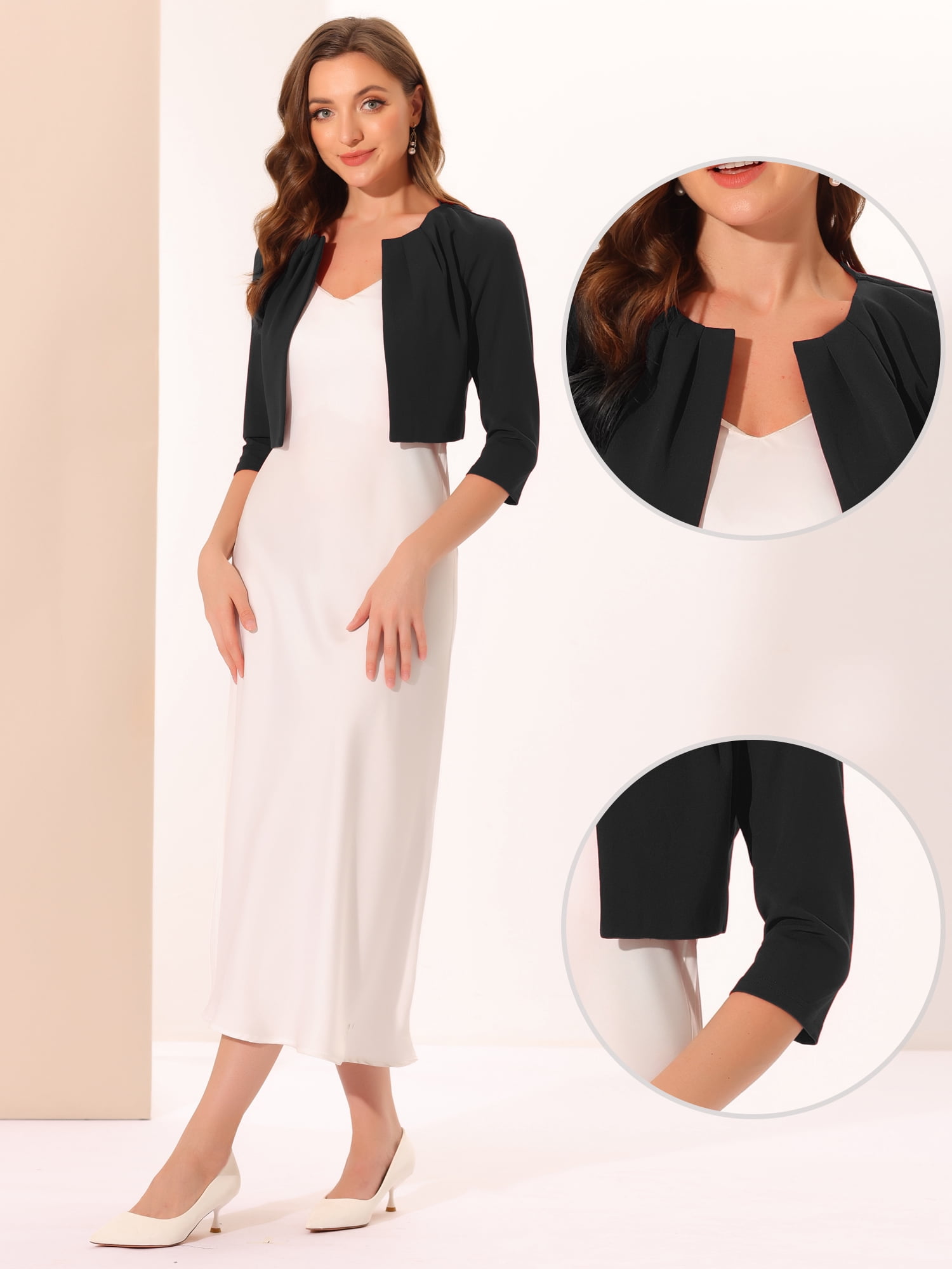 DARING DIVA Women's 3/4 Sleeve Shrug Top Collarless Pleated Open Front Cropped Cardigan XL Black