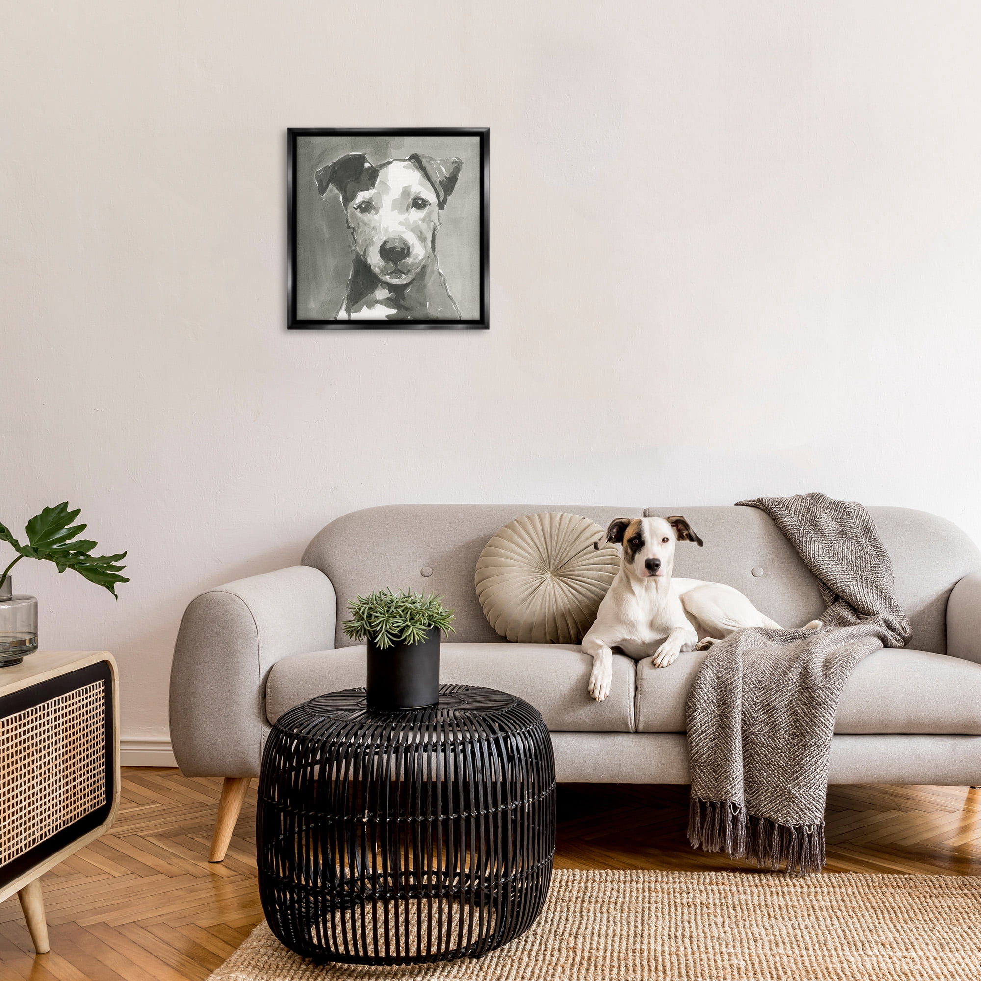 Stupell Industries Muted Dog with Quiet Expression Animals & Insects Painting Black Floater Framed Canvas Art Print Wall Art, 25 x 25