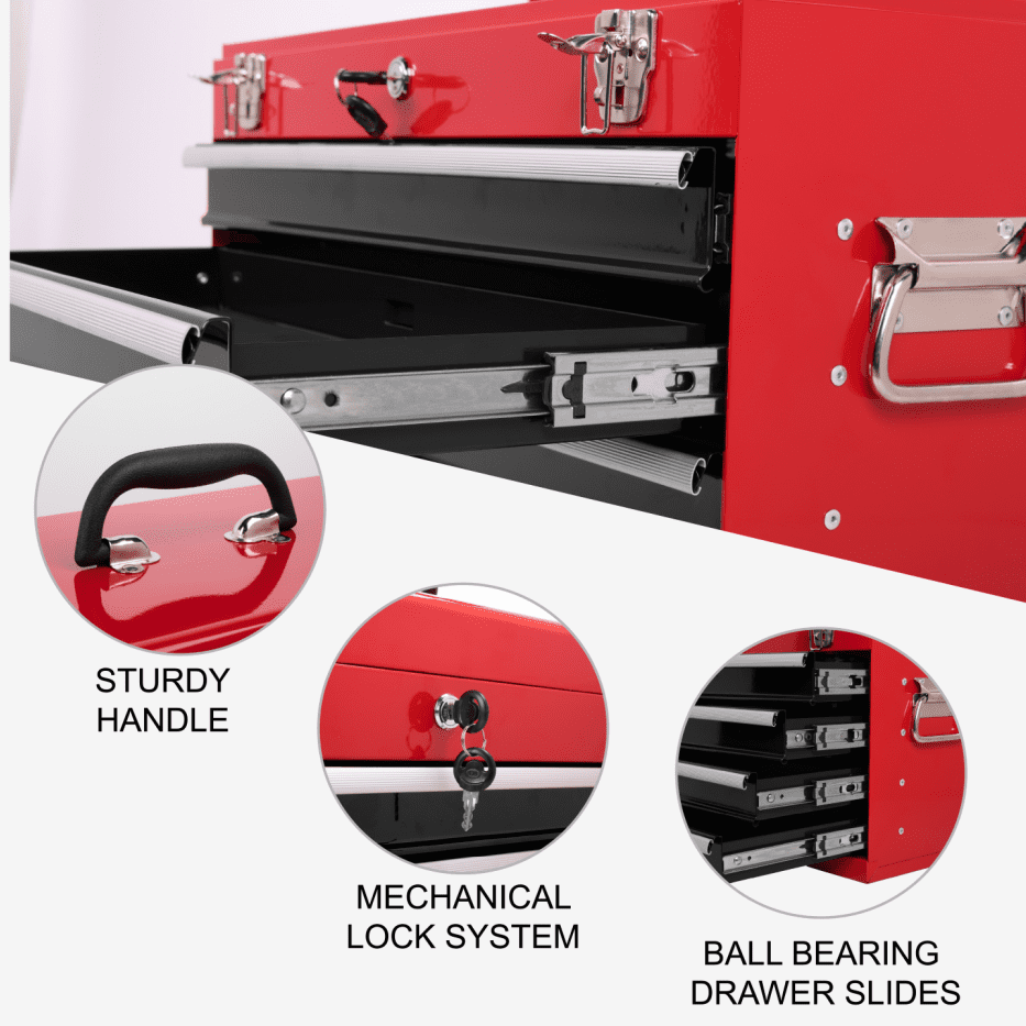 Red Black Metal Tool Box - 23.62 in Length Portable Tool Chest with 4 Drawers and Ball Bearing Slides for Workshop Organizati