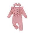 thumbnail image 1 of xiaxaixu Baby Girl 2Pcs Fall Outfits Long Sleeve Bow Front Ruffle Romper with Headband Set Infant Clothes, 1 of 9