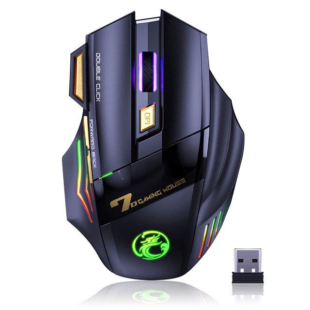 Ratón inalámbrico para juegos, ratón recargable silencioso para juegos con receptor USB de 2,4 G, 3 DPI ajustables, 7 botones sensibles, ratón ergonómico RGB para ordenador portátil, PC y Mac
