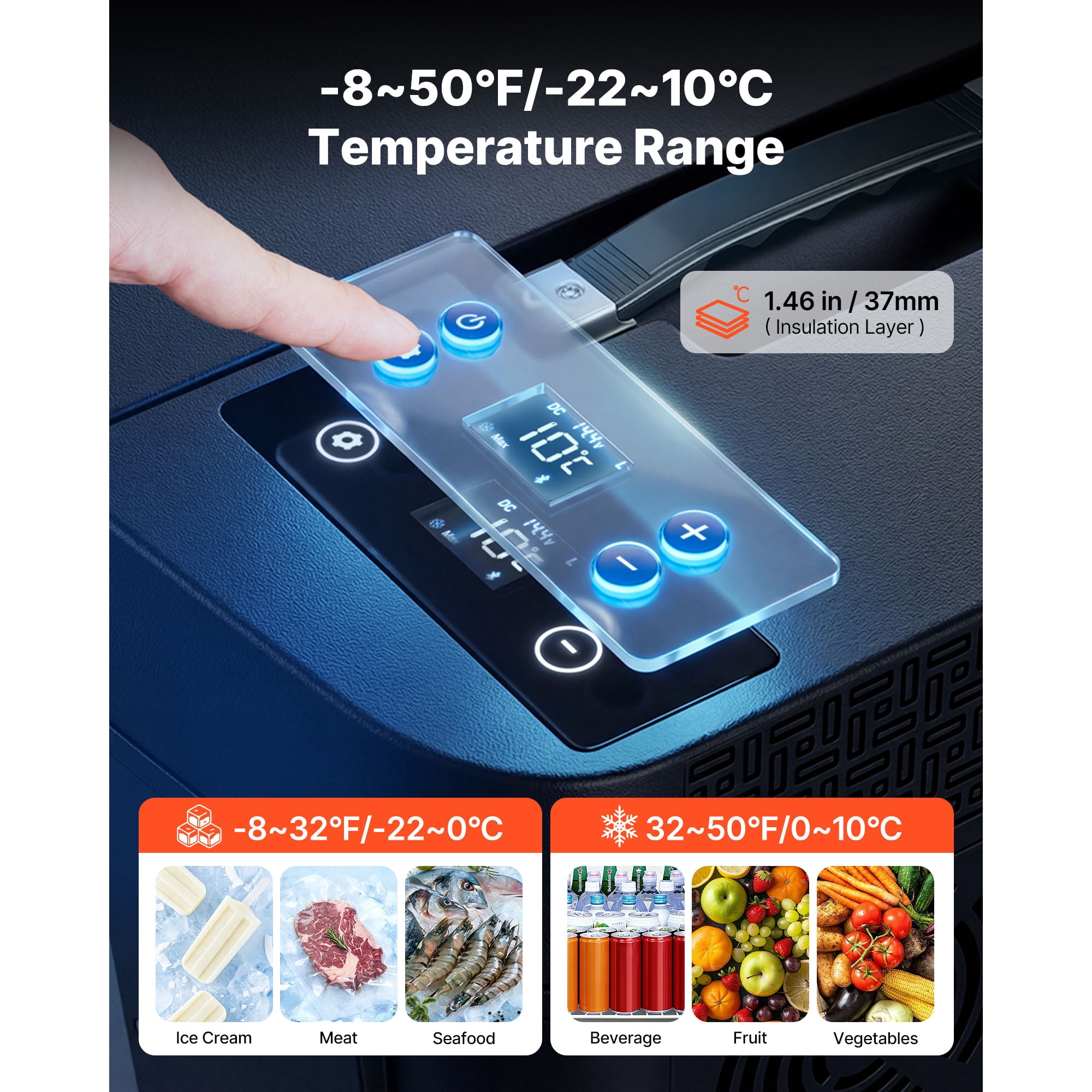 KFFKFF 12 Volt Portable Refrigerator, 37 QT/35L Car Cooler for Tesla Model Y, Electric Freezer with APP Control, 12V/24V DC, Temperature Range -8℉ to 50℉
