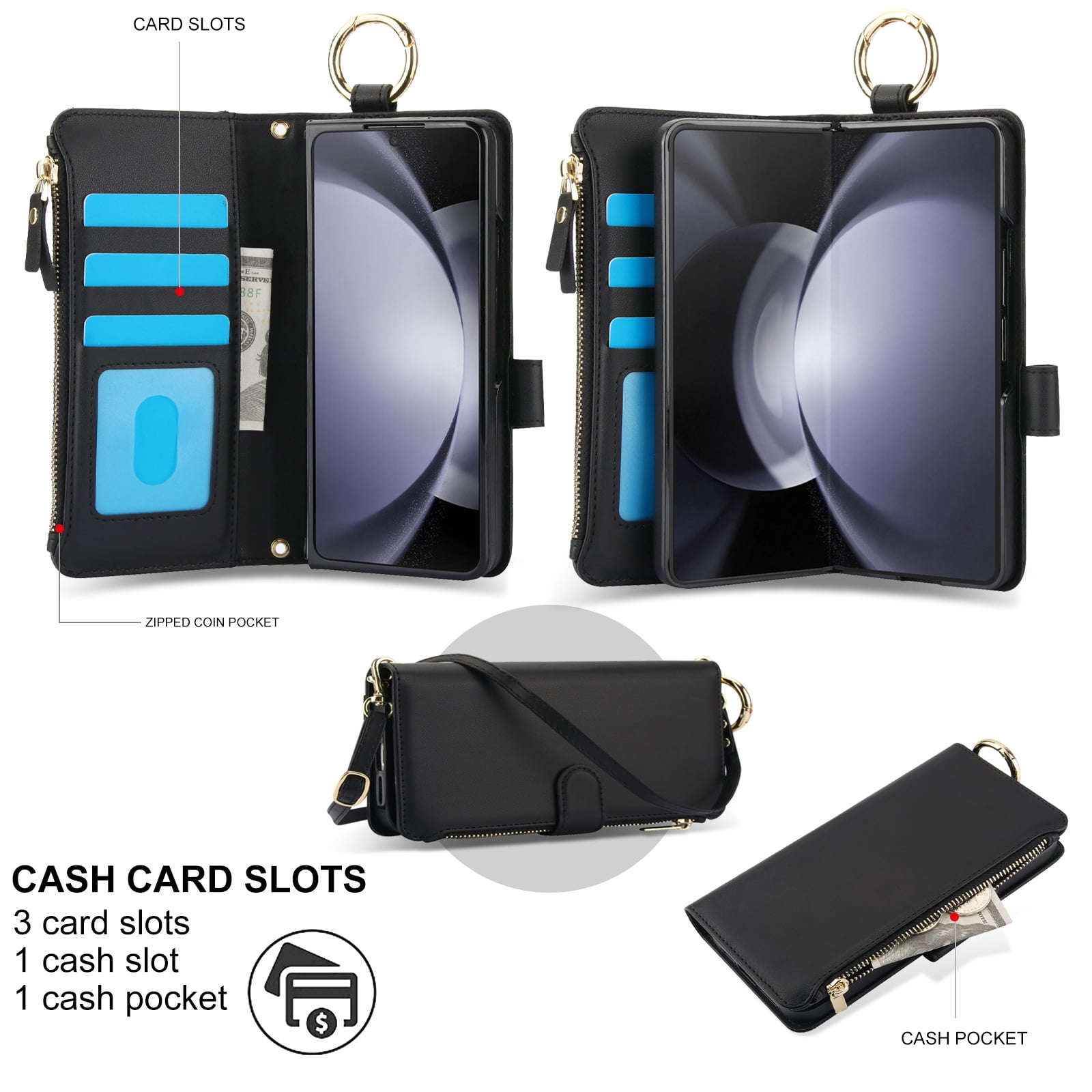 ChicShell Wallet Flip Case for Samsung Galaxy Z Fold 7, RFID Blocking Cards Slots Zipper Pocket Hand Strap Shockproof Stand Phone Case Cover with Crossbody Lanyard for Women Girls, Black