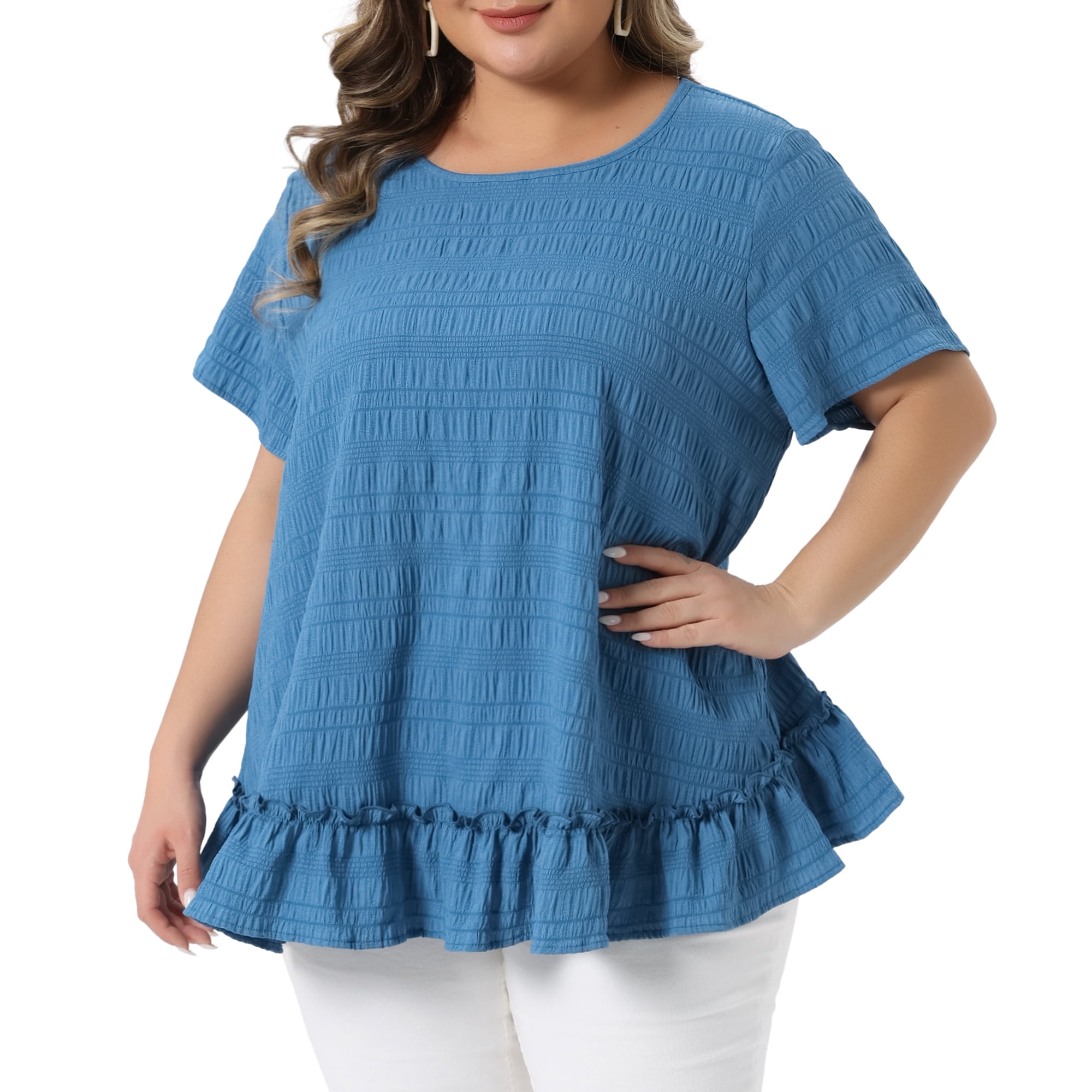 DARING DIVA Women's Plus Crew Neck Short Sleeve Loose Fit Flowy Blouse Top 1X Blue
