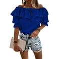 thumbnail image 1 of Qiylii Women Fashion Wild Shirts Solid Color Boat-Neck Off-Shoulder Half Sleeve Chiffon Blouses Summer Casual Ruffles Tie-Up Tops, 1 of 5