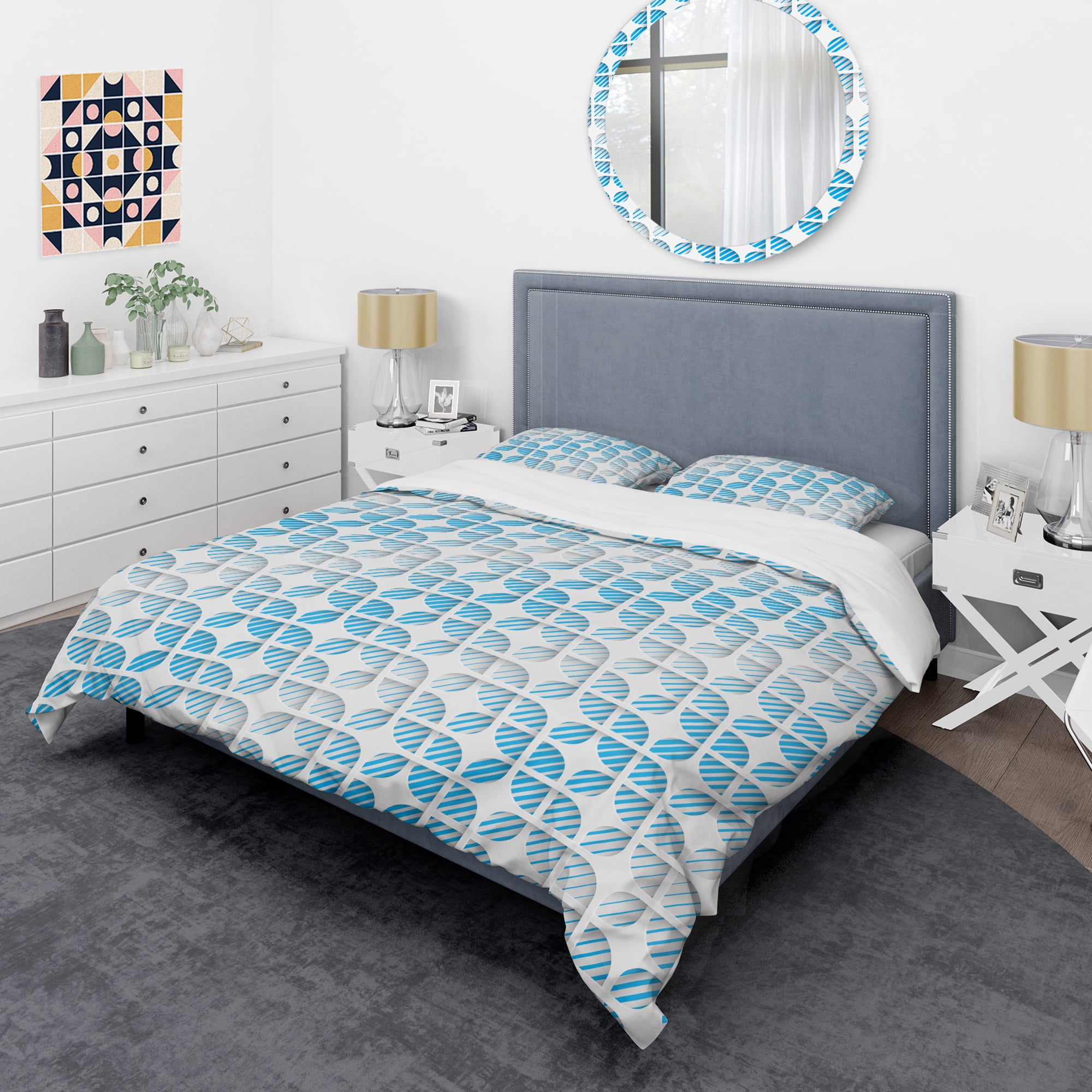 Designart '3D White And Blue Pattern II' Mid-Century Modern Duvet Cover Set
