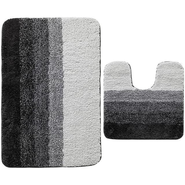 Bathroom Rugs Set 2 Piece, Non Slip Microfiber Bath Mat with U Shaped Toilet Rug, Beach Themed Soft Plush Shower Mats for Bathroom Tub, (20 x 32 Plus 20 x 20 inches U, Grey) Gradient Grey -