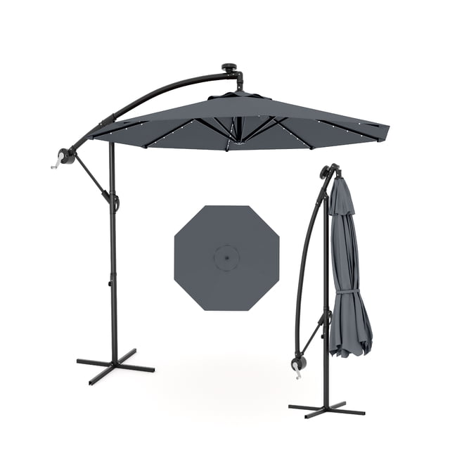 Parasol Déporté de Patio à DEL Solaire 10 Pi – 24 Lumières, Base Croisée Robuste, Protection UV Imperméable, Inclinaison Réglable et Manivelle, Pare-Soleil Extérieur pour Jardin, Piscine, Terrasse – Gris