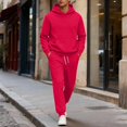 thumbnail image 2 of Dwelliawo Men's Tracksuits 2 Piece Set Heavyweight Solid Color Casual Pullover Hoodies Joggers Running Pants Set Fleece Winter Suit with Pockets Red XL, 2 of 6