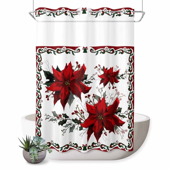 No Hook Shower Curtain with Built-in Rings - Christmas Poinsettia Flowers Washable Waterproof Fabric Bathroom Curtains for Hotel,Rentals, 72 X 84 Inch Extra Long , White