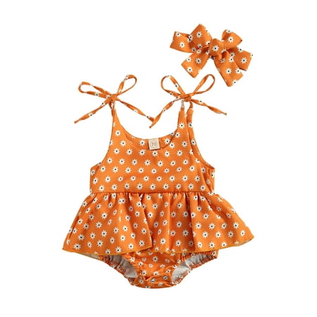 

Canrulo Newborn Baby Girls Sling Romper Flower Print Sleeveless Jumpsuit Dress with Headband 2pcs Outfits Ginger 0-6 Months