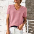 thumbnail image 2 of VISALY Womens Short Sleeve Sweater Casual Summer V Neck Pullover Tops Knit Sweater Blouse Lightweight Sweater Shirts Crop Tops Business Casual Outfit Beach Vacation Clothes Pink S, 2 of 9