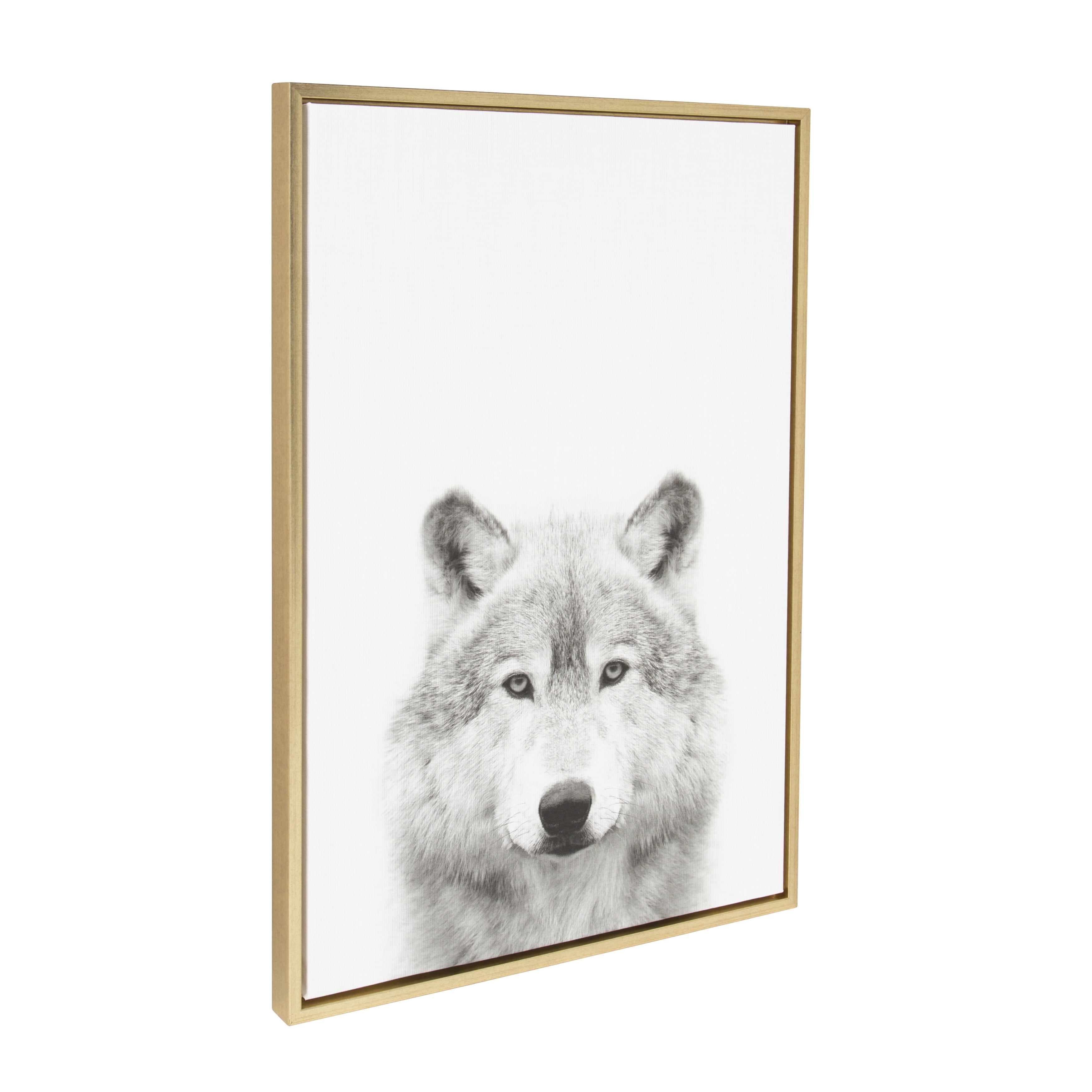 Kate and Laurel Sylvie Wolf Animal Print Black and White Portrait Framed Canvas Wall Art by Simon Te Tai, 23x33 Gold