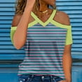 thumbnail image 2 of Lovskoo Womens Summer Tops Trendy Striped Print V-Neck Off Shoulder Casual Short Sleeved Top Shirt Sky Blue, 2 of 6