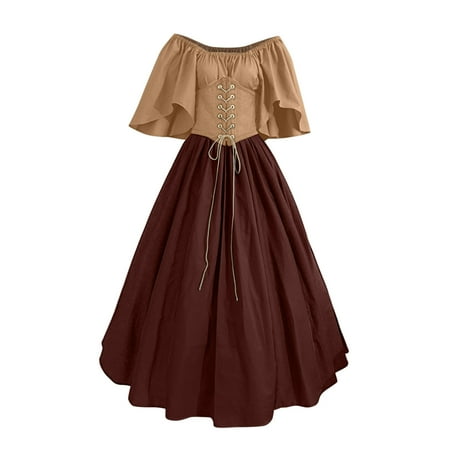 Brglopf Medieval Renaissance Dress Women with Corset Plus Size Evening Ball Gowns Costume Vintage Bell Short Sleeve Dress(Beige-Wine 4XL)