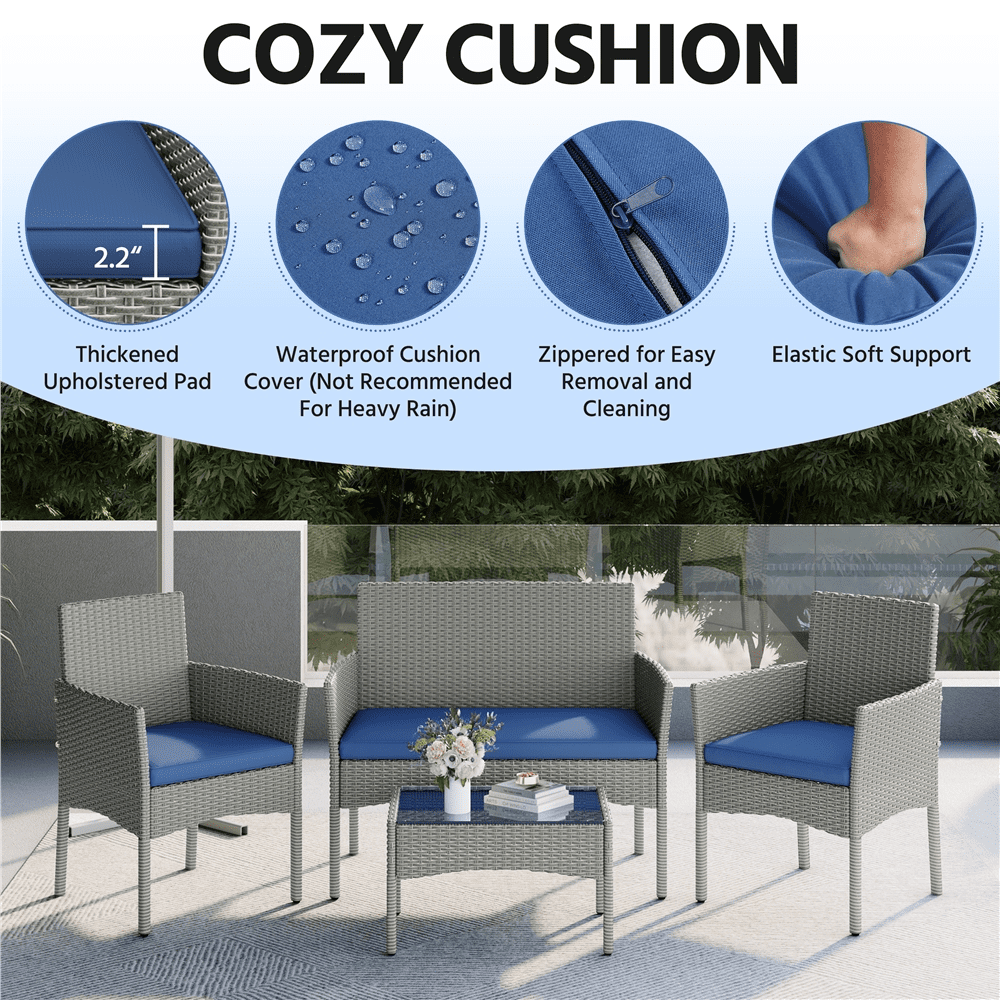 Renwick 4-Piece Outdoor Reception Set with Sofas and Coffee Table, Gray/Dark Blue