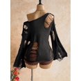 thumbnail image 2 of Women Off Shoulder Distressed Long Sleeve Top Hollow Fringe Casual Night Out Outfit, 2 of 9