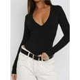 thumbnail image 3 of Womens Deep V Neck Long Sleeve Lined Slim Fit T Shirt Tops Tee, 3 of 4