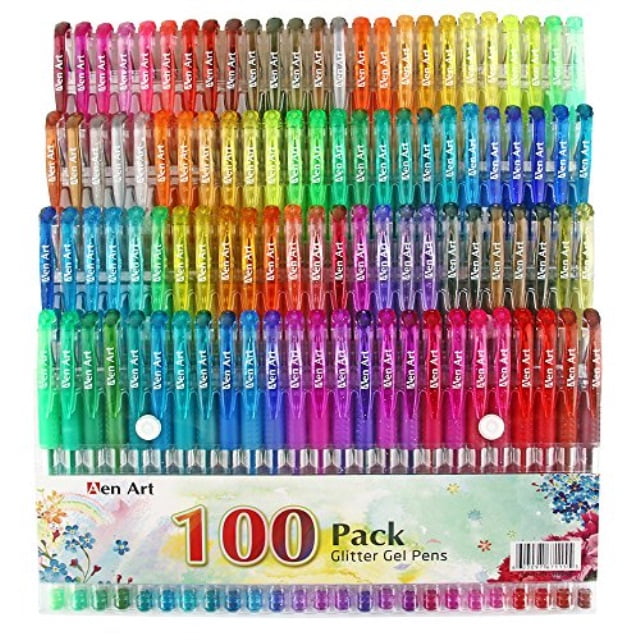 Sikao 100 Glitter Gel Pens Set - Plus 30% More Ink Vibrant Colors for Adult Coloring Books, DIY Cards, Scribble Stuff - Rainbow Sparkle Pens, Neon