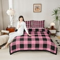 thumbnail image 4 of Homewish Fashion Abstract Adult Full Size Comforter Sets, Square Patchwork Bedding Comforter Set, Vintage Black Pink Buffalo Reversible Bedding Sets, Breathable Home Decor, 3-Piece, 4 of 8