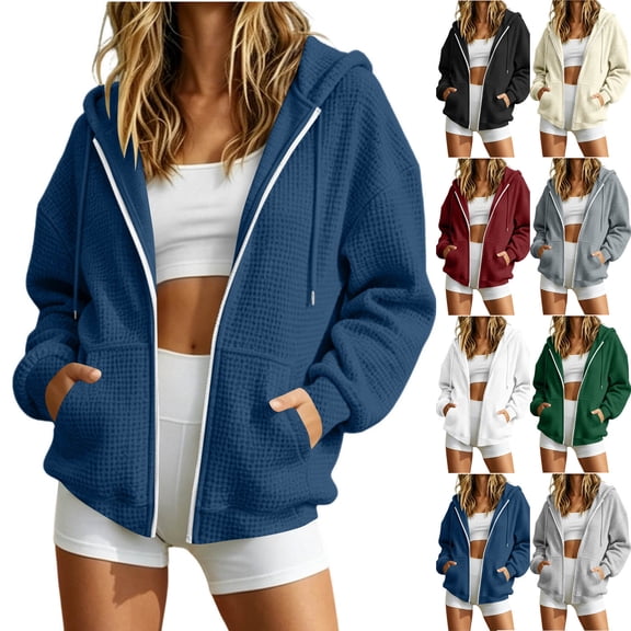 Women's Soft Waffle Knit Full Zip Hooded Sweatshirt Oversized Long Sleeve Drawstring Hoodie with Pocket Fall Daily Casual Outerwear White