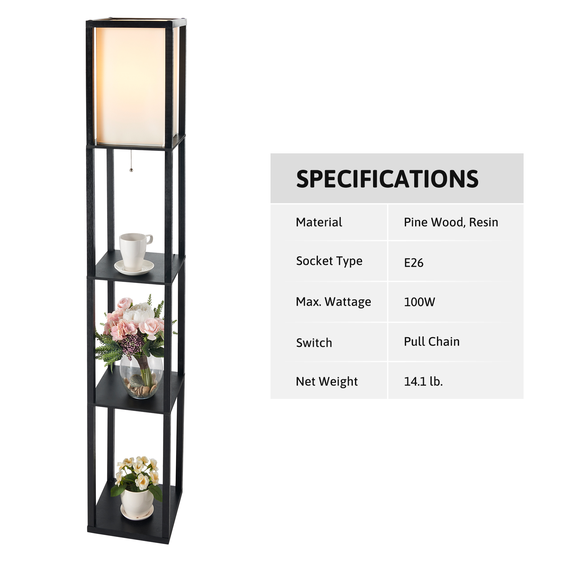 Bestco 63" Standing Lamp with Wood Shelves, 9W LED Light Bulb for Bedroom More, Black