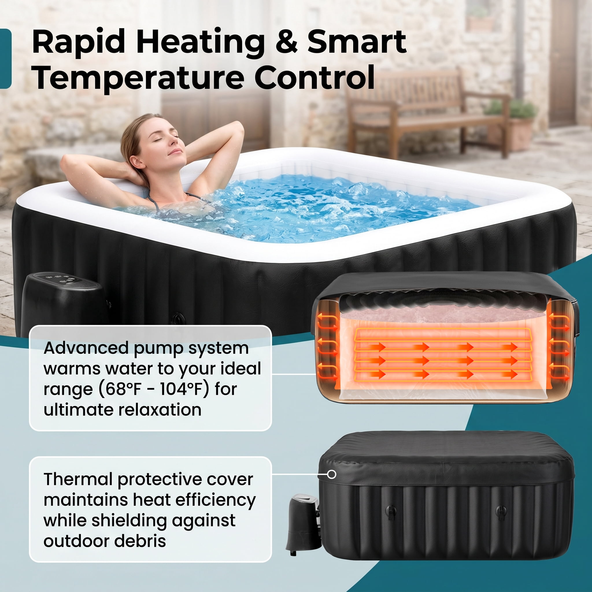 Ficisog Air Jet Inflatable Hot Tub for 2-4 Person, Portable Outdoor Blow Up Tub with Heater Pump and Insulated Cover, Square Family SPA Hot Tub, 185 Gallons, 110 Soothing Jets, 60" L X 60" W X 25" H