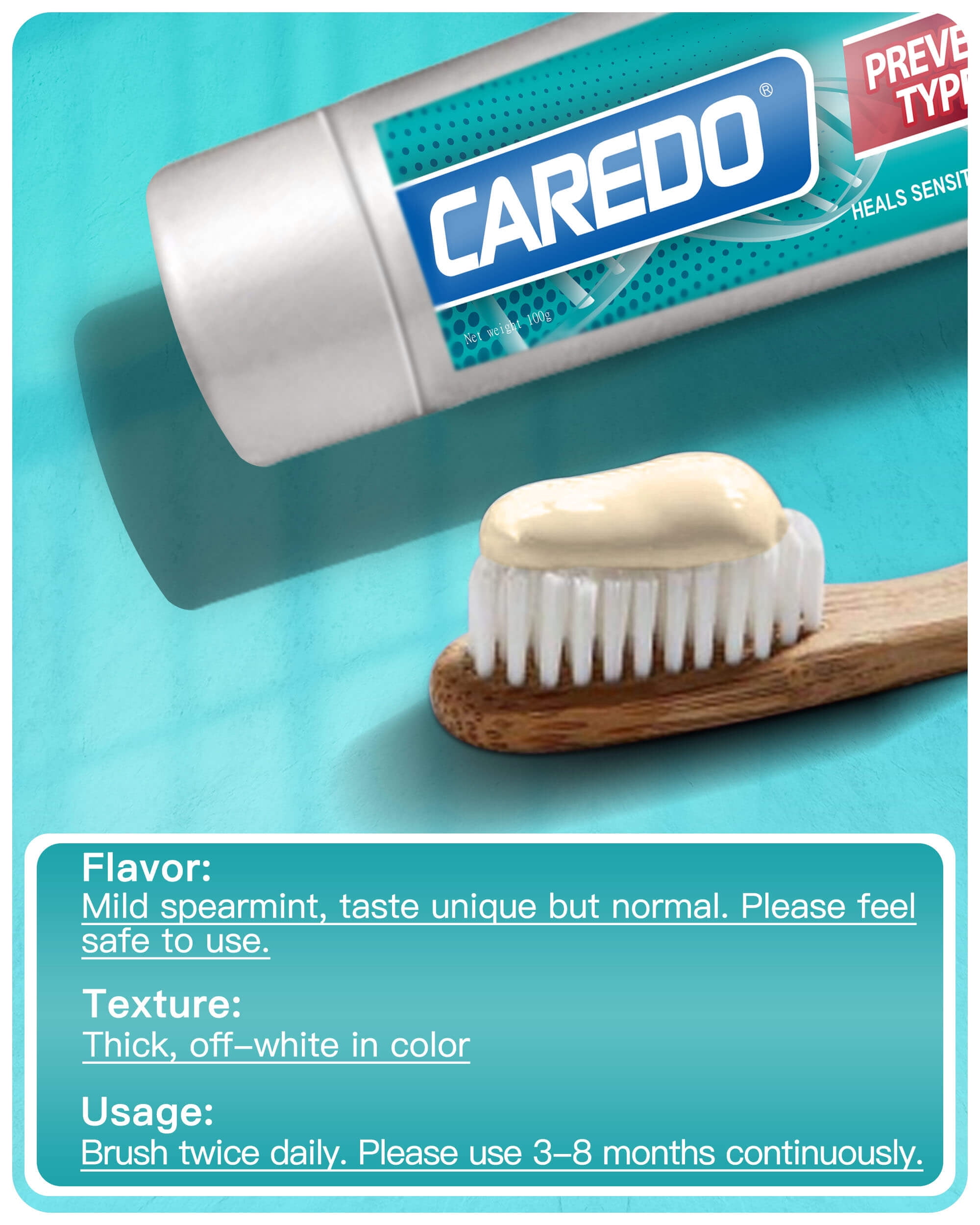 CAREDO Sensitive Toothpaste, Safe Enamel Repair Toothpaste Sensitivity Relief, Spearmint, 3.52 OZ