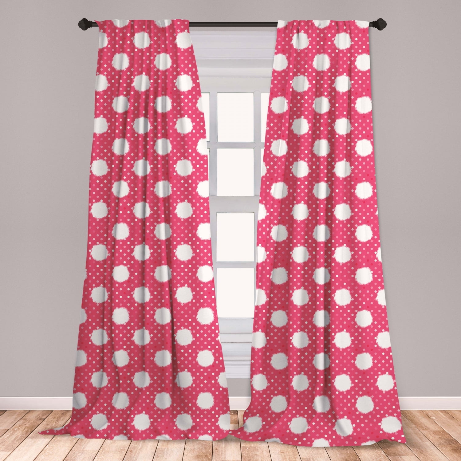 Pink Polka Dots Curtains 2 Panels Set, Retro Style Fluffy Furry with