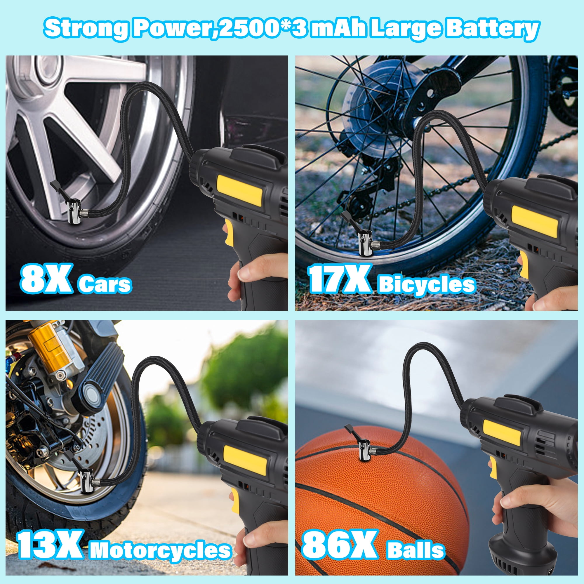 Portable Air Compressor, 120W Rechargeable Battery Powered Handheld Tire Inflator, Air Pump for Car Motorcycle E-Bike