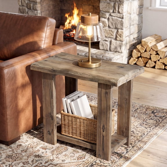 Finmind 2-Tier Solid Wood End Table for Living Room, Narrow Side Table, Rectangle Farmhouse Nightstands for Living Room, Bedroom, Natural Brown