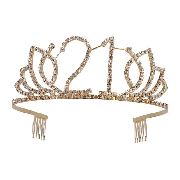 Girl's 21th Birthday Tiara Crystal Rhinestone Birthday Tiara Queen Crowns Headband with Hair Combs Clip for 21th Birthday Party Prom Decorations (Gold)