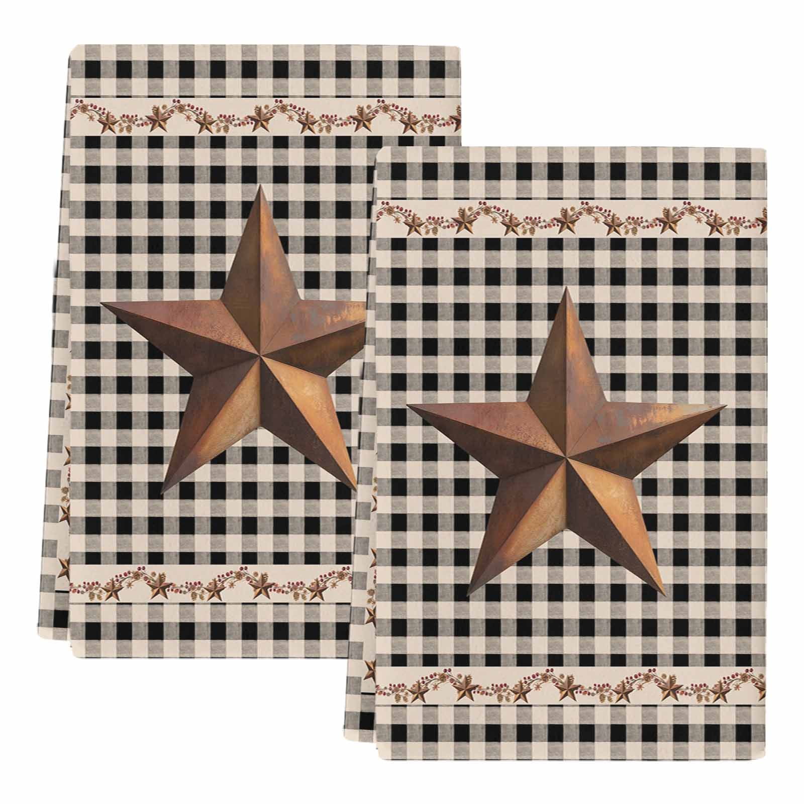 Texas Star Vintage Kitchen Towels Set of 2, Retro Country Brown Stars Checkered Absorbent Dish Towels for Kitchen, Microfiber Hand Towel, Quick Drying Tea Towel for Cleaning Decorative Dishcloths