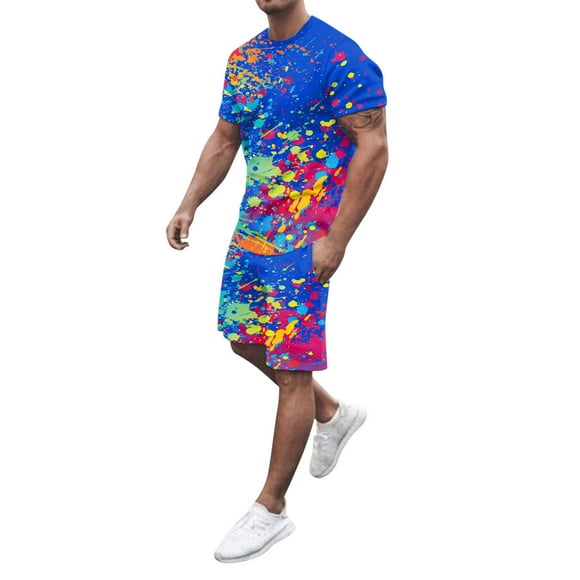 Ketyyh-chn99 Mens Suit Summer Swim Short Sets Men Linen Shorts Set 2 Piece Set Summer Shirt Loose Pants Beach Vacation Outfits Blue,2XL