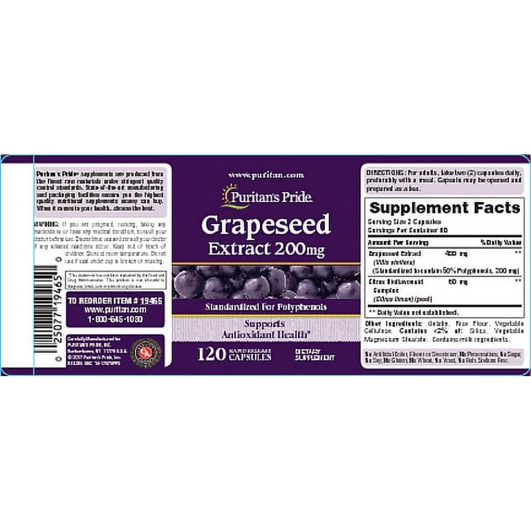 Puritan's Pride Grapeseed Extract 200 mg 120 Capsules, antioxidant