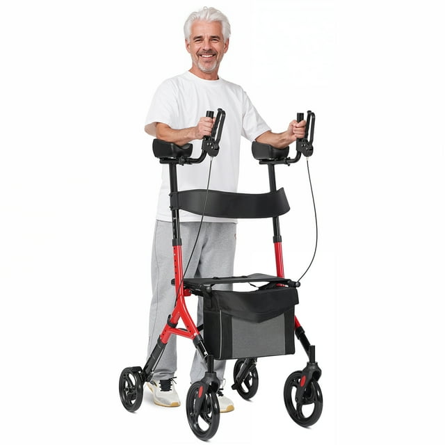 Maxkare Déambulateur à Roulettes Vertical avec Hauteur Réglable 5+3, jusqu'à 300 Lb, Déambulateur Debout Pliant avec Grandes Roues, Rouge