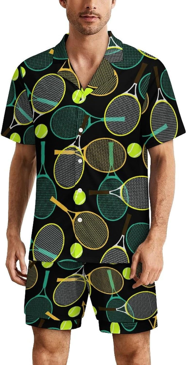 PRIYAL Tennis Racket And Ball Mens Short Sleeve Pajama Set Satin Silk Sleepwear 2 Piece Pjs Loungewear